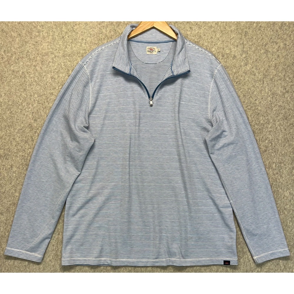 Faherty Mens Top Blue White Striped Quarter Zip Long‎ Sleeve Logo Performance XL